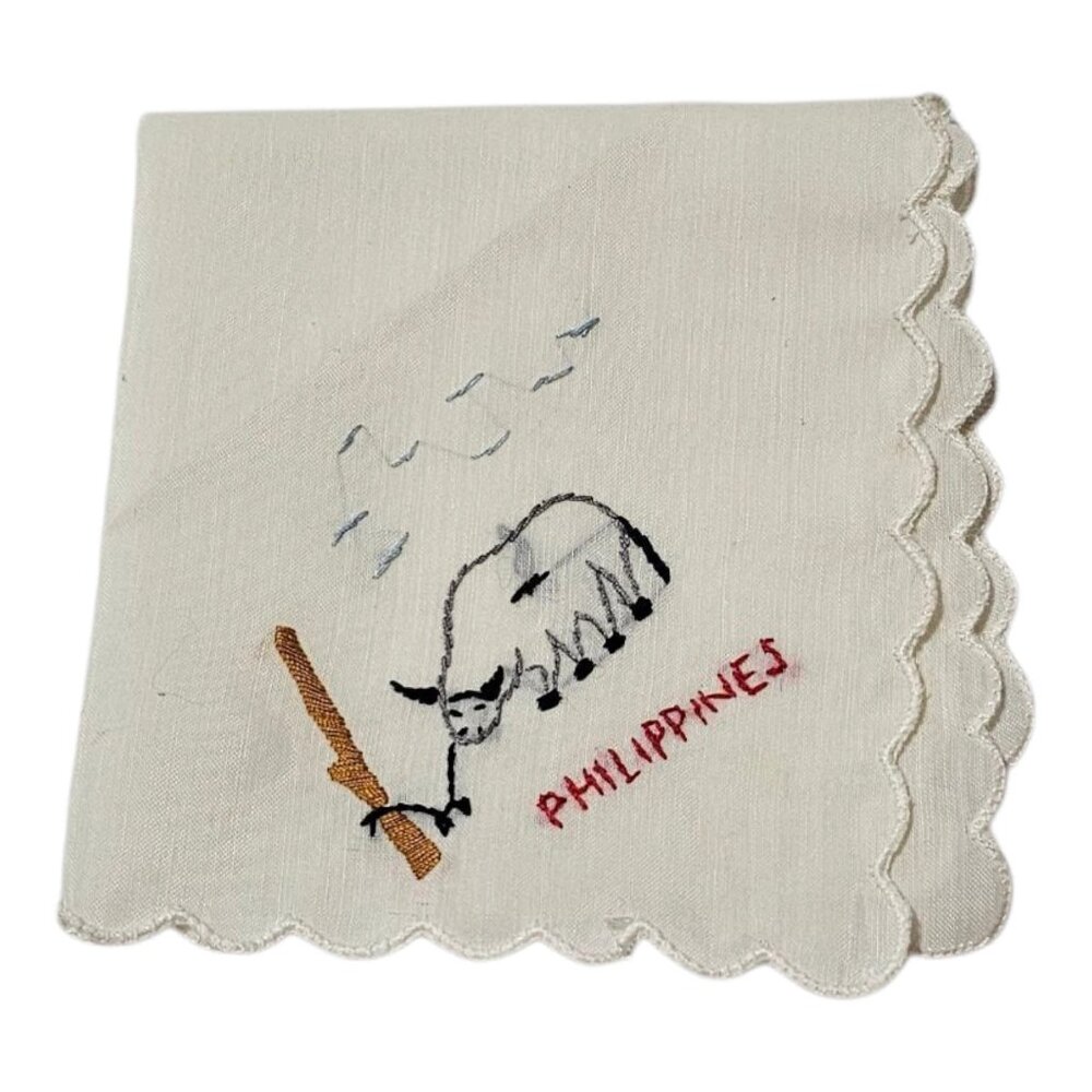 Vintage Handkerchief Hankie Philippines Stitched Straw Hut Bull Ox Palm Tree - Picture 2 of 13